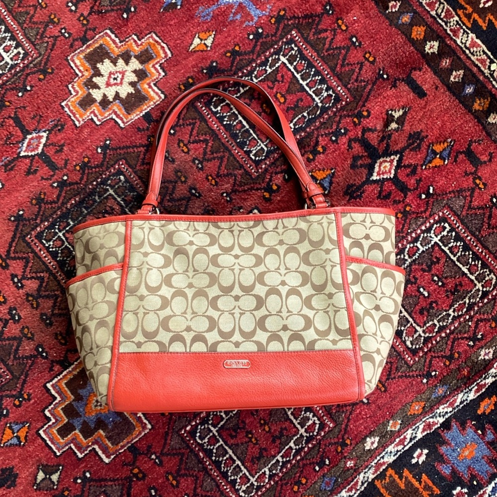 Coach Signature Tan and Red Leather Handbag Tote